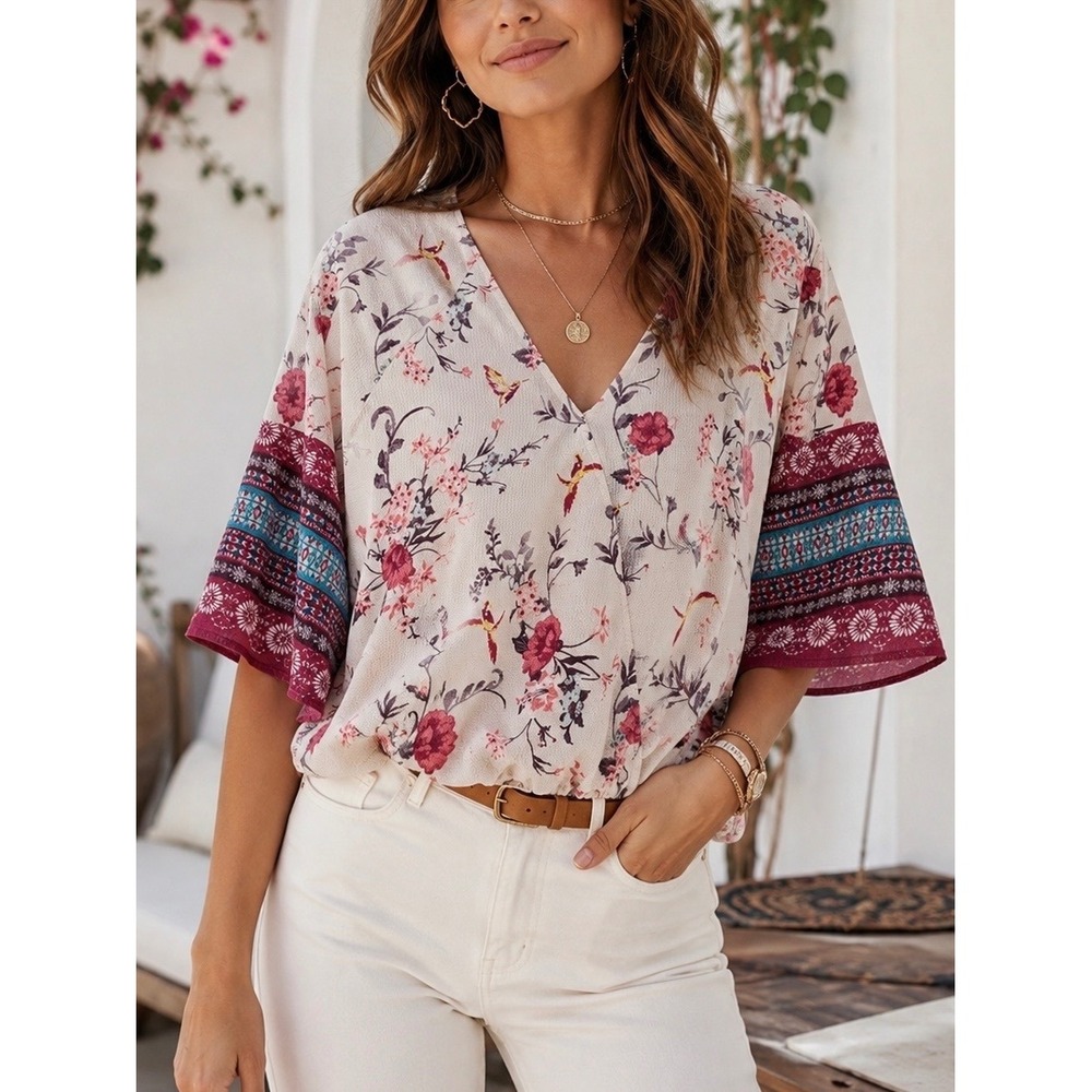 Crescent & Willoughby Floral Surplice Boho Blouse Kimono Sleeve Crop Top Small